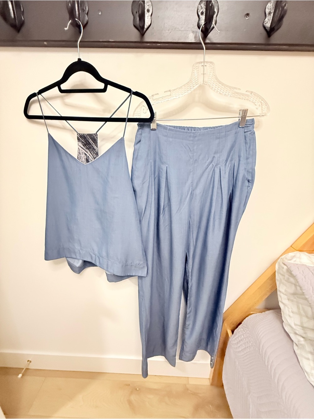Light Blue Satin Wide-Leg Pants and Cami Set
